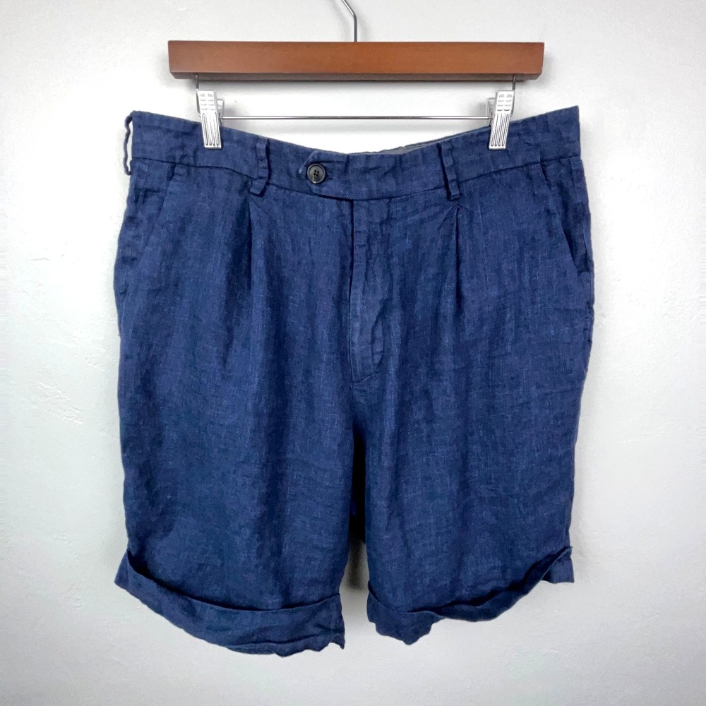 Todd Snyder 100% Linen Shorts Men Size 34 Navy Blue 7.5" Inseam Bermuda Walk